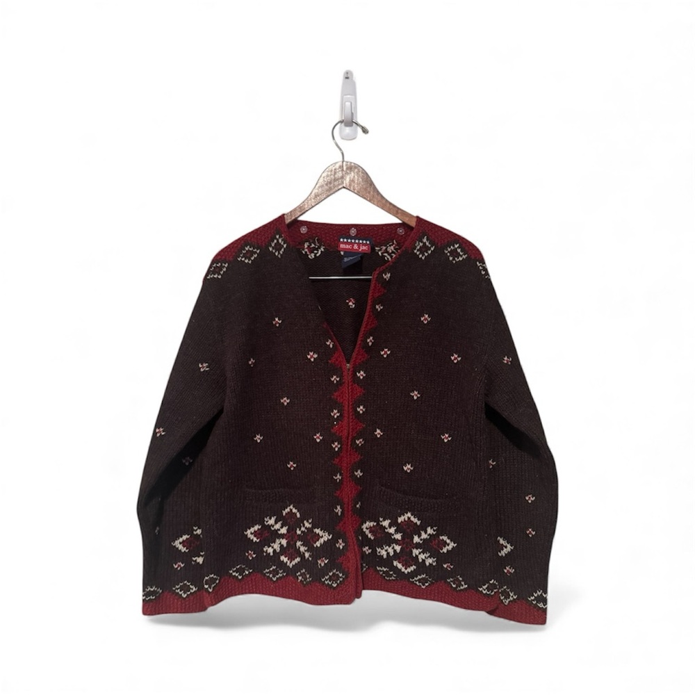 Mac & Jac Vintage Wool Blend Full Zip Grannycore Knit Sweater Brown Size Large